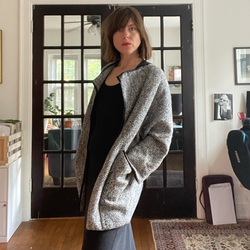 New Zara Knit "Oversized" Sweater w/Pockets Black/White & Leather Ribbing